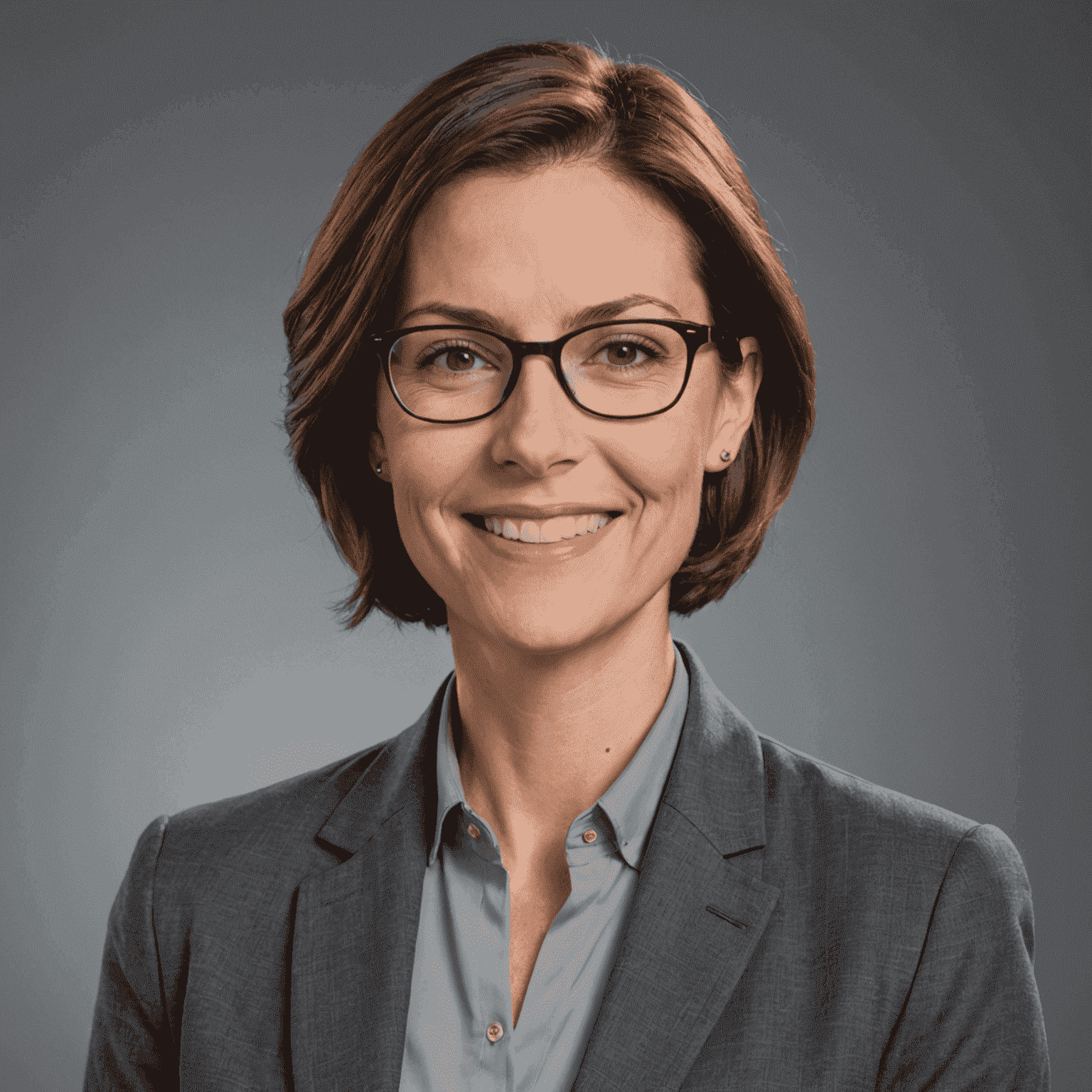 Portrait of Jane Doe, a woman in her mid-30s with short brown hair and glasses, smiling confidently at the camera. She is wearing a professional grey blazer.