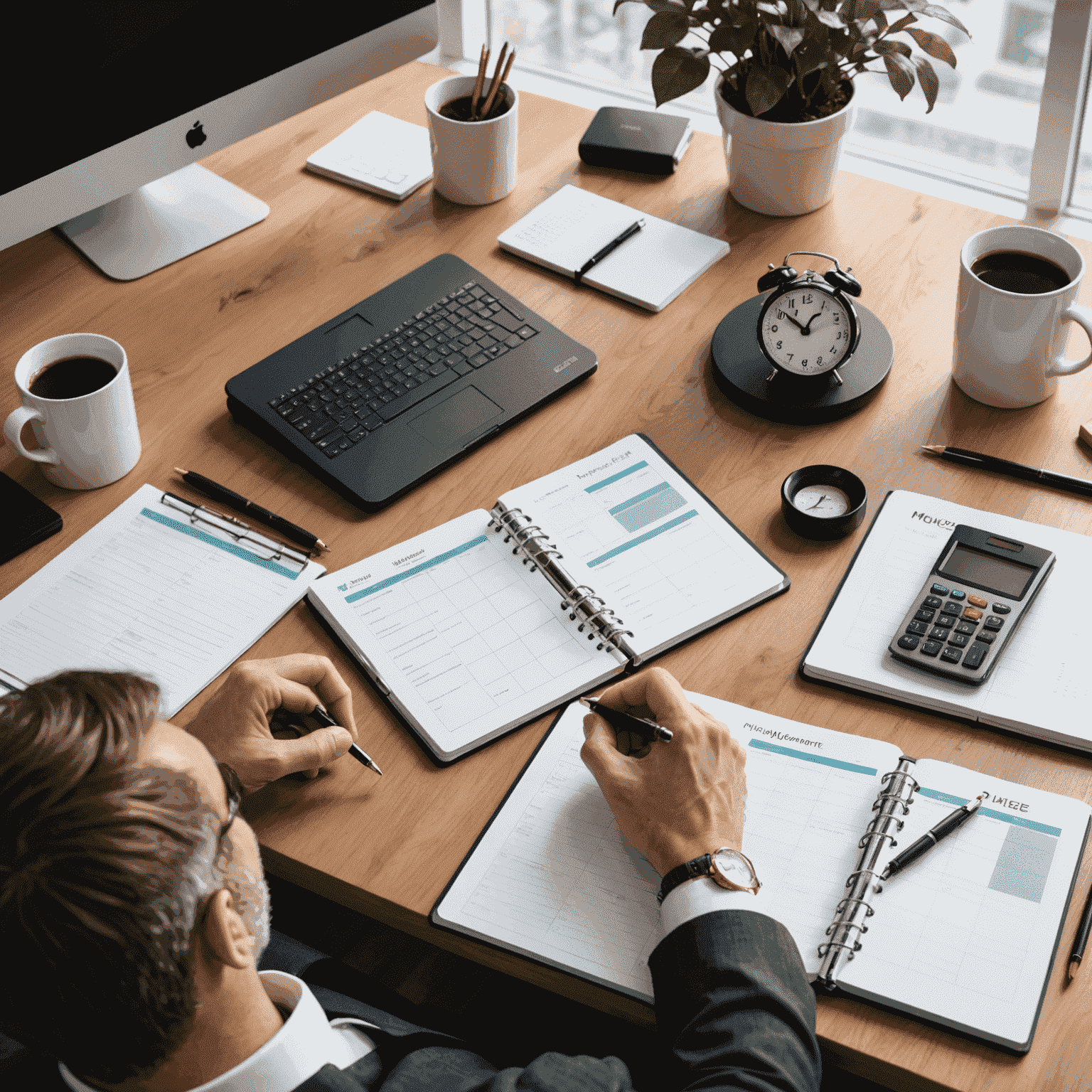 A person efficiently managing multiple tasks on a desk with a computer, planner, and clock, demonstrating time management skills