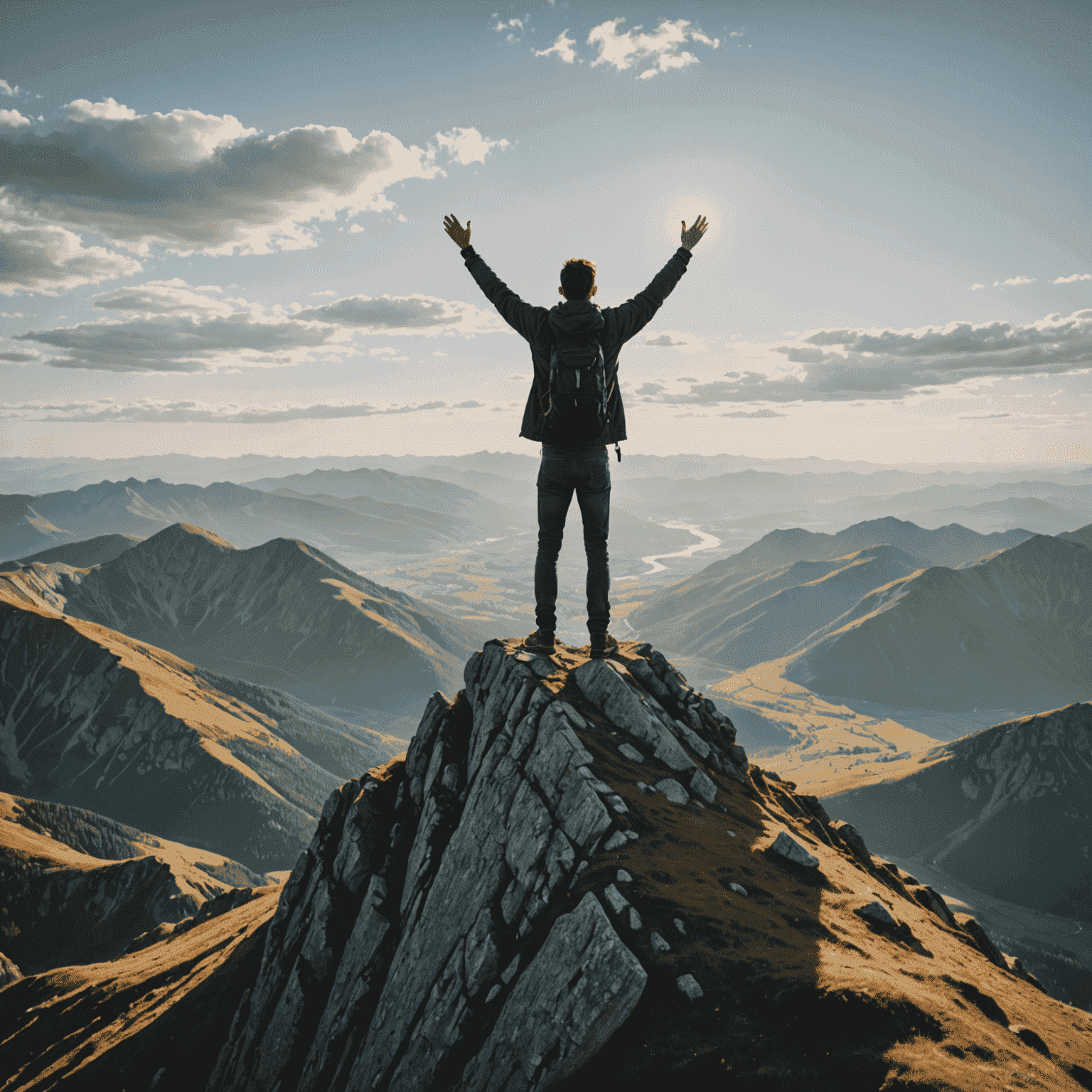 A person standing on a mountain peak, arms raised in triumph, overlooking a vast landscape symbolizing personal growth and inspiration