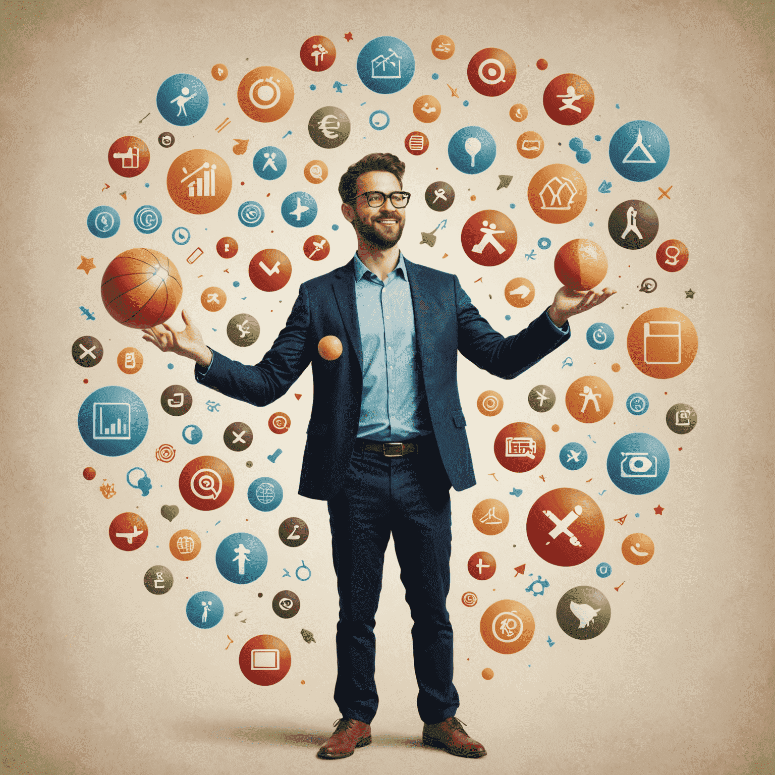 A person juggling various icons representing work, family, hobbies, and self-improvement, symbolizing the balance between different aspects of life