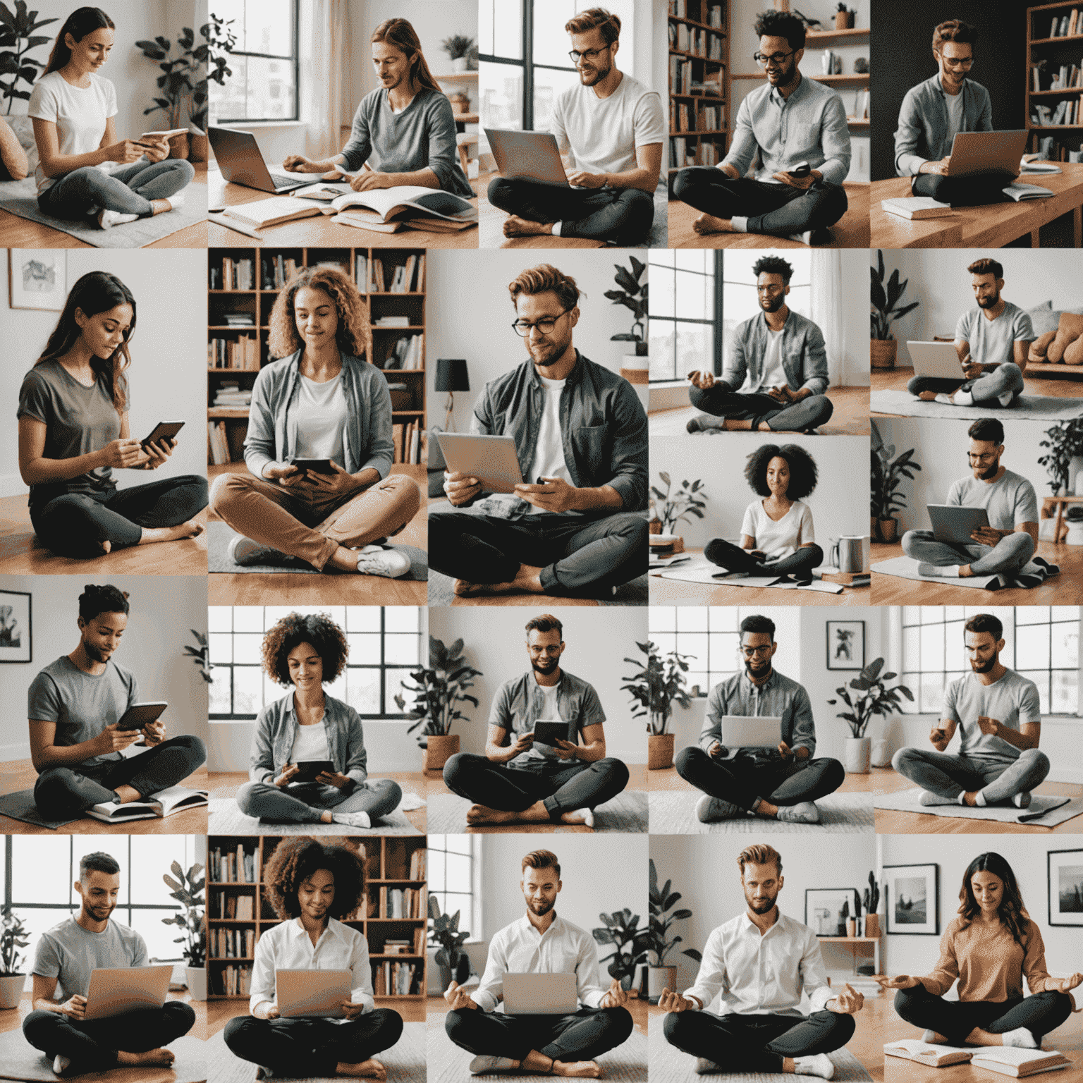 A collage showing various successful individuals engaged in activities like reading, meditating, exercising, and using productivity tools on their devices