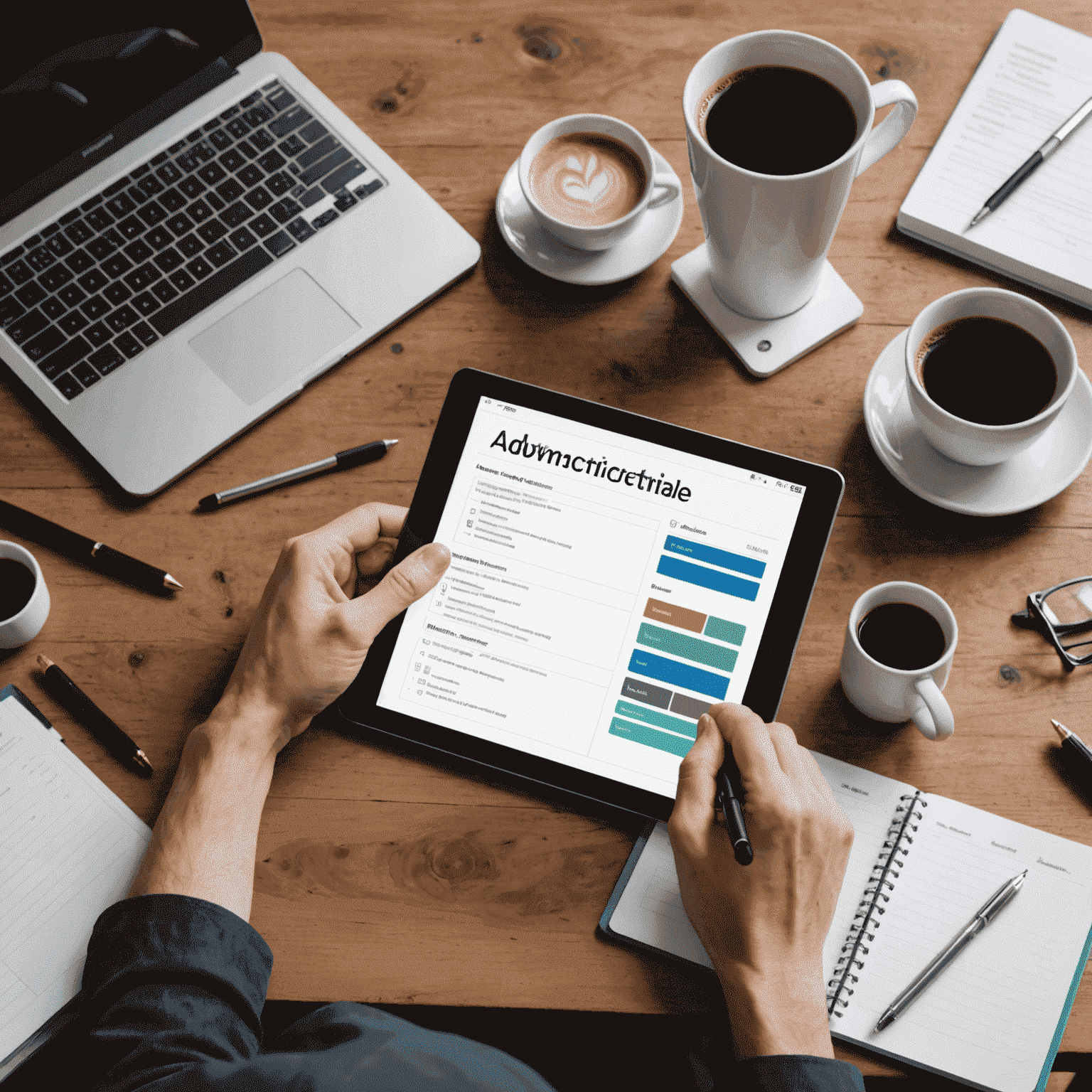 A person reviewing their schedule and making adjustments on a tablet, surrounded by productivity tools and a cup of coffee