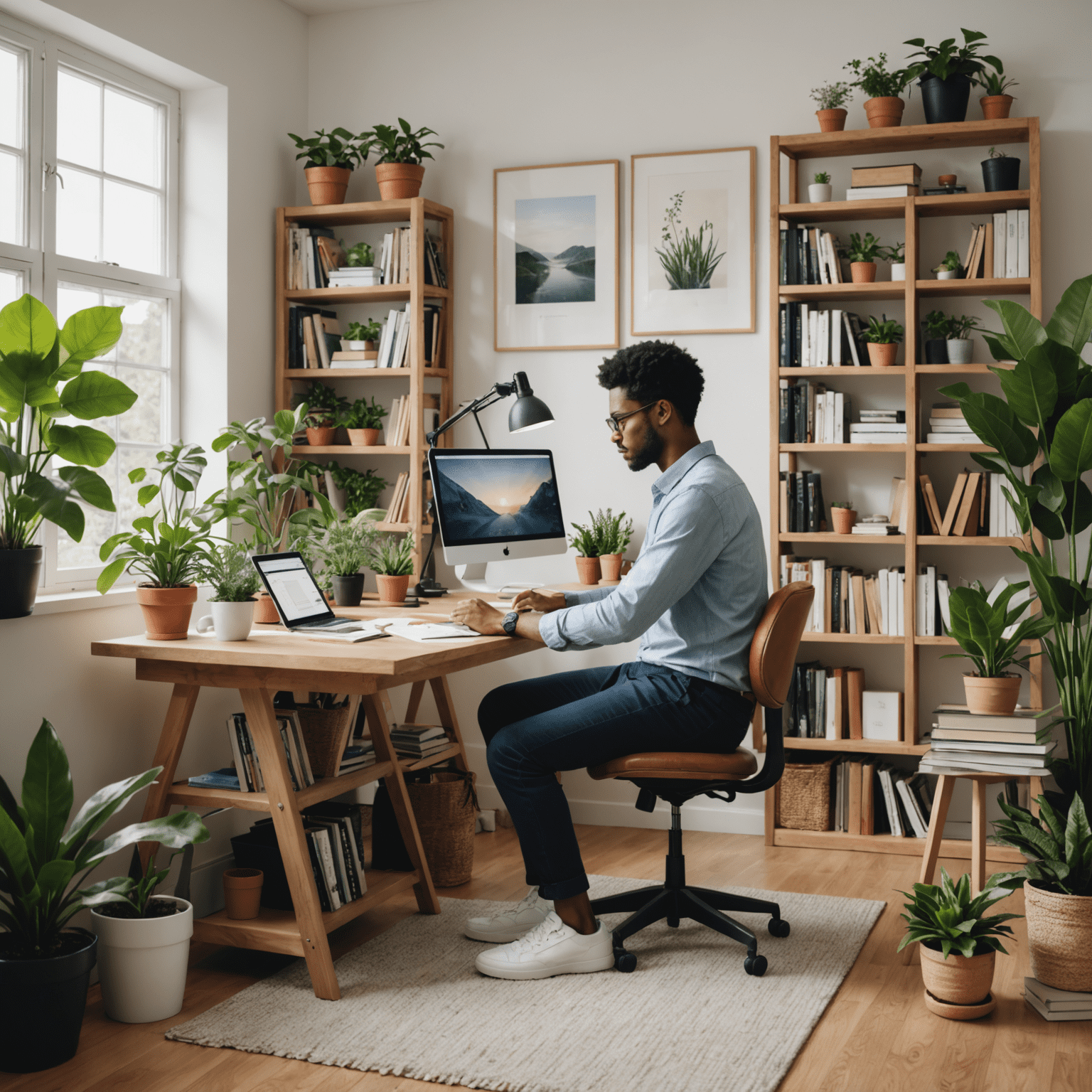 A person sitting at a desk with a computer, surrounded by books and plants, symbolizing a balanced approach to work and personal growth