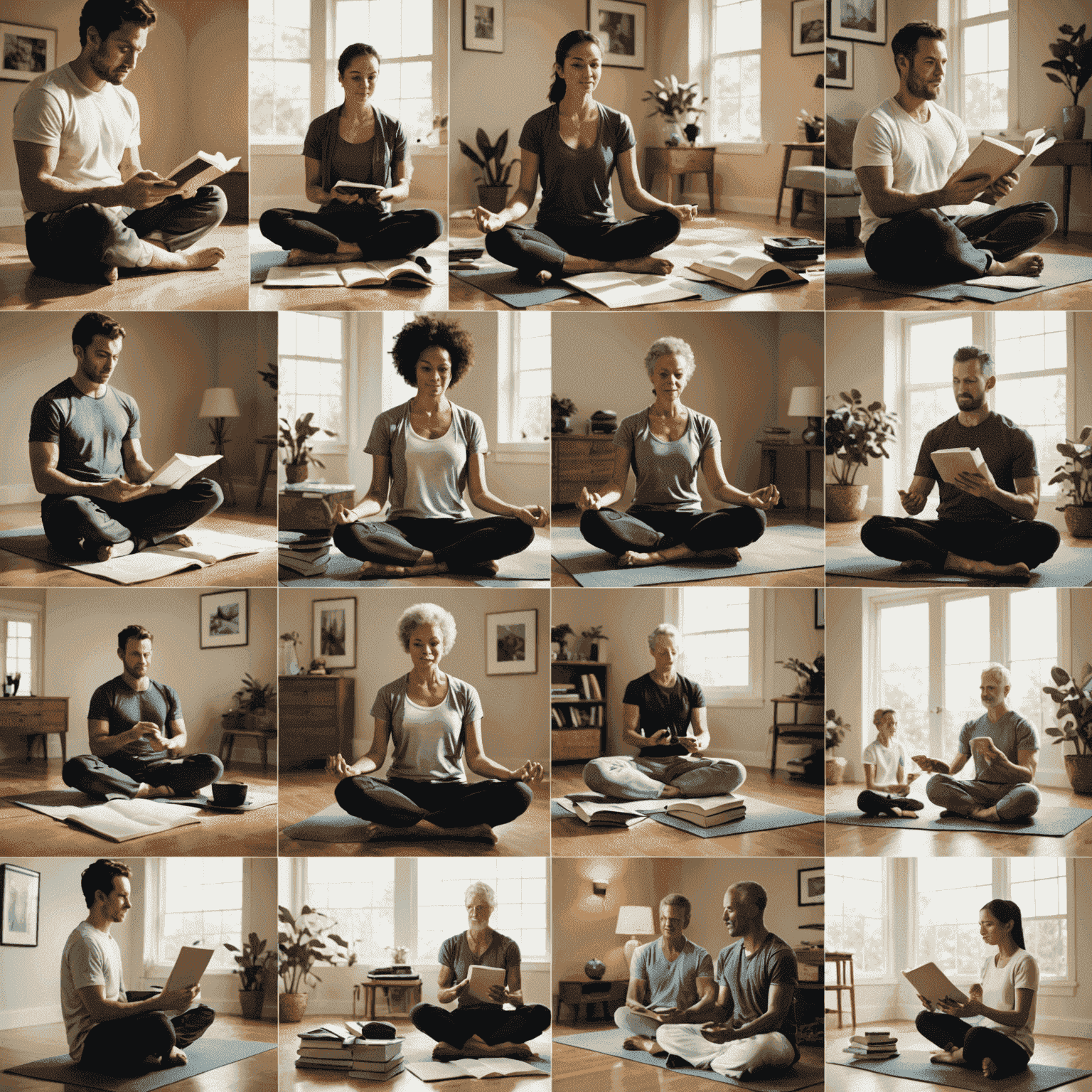 A montage of images showing daily routines like reading, exercising, and meditating